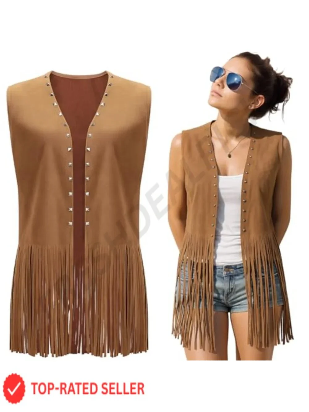 Faux Suede Western Fringe Vest with Rivets Sleeveless